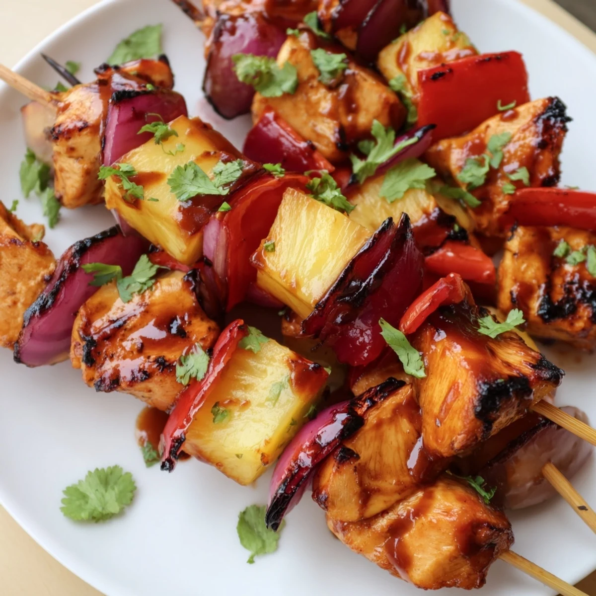 Stunning overhead shot of Chicken and Pineapple BBQ Skewers featuring vibrant red bell peppers and sweet pineapple chunks on a rustic table.