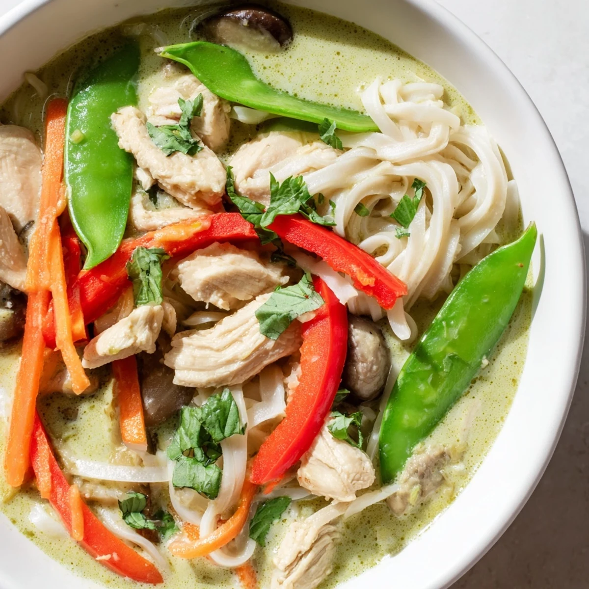 Thai Green Curry Chicken Noodle Soup served hot in a ceramic bowl, garnished with cilantro, basil, and lime wedges.
