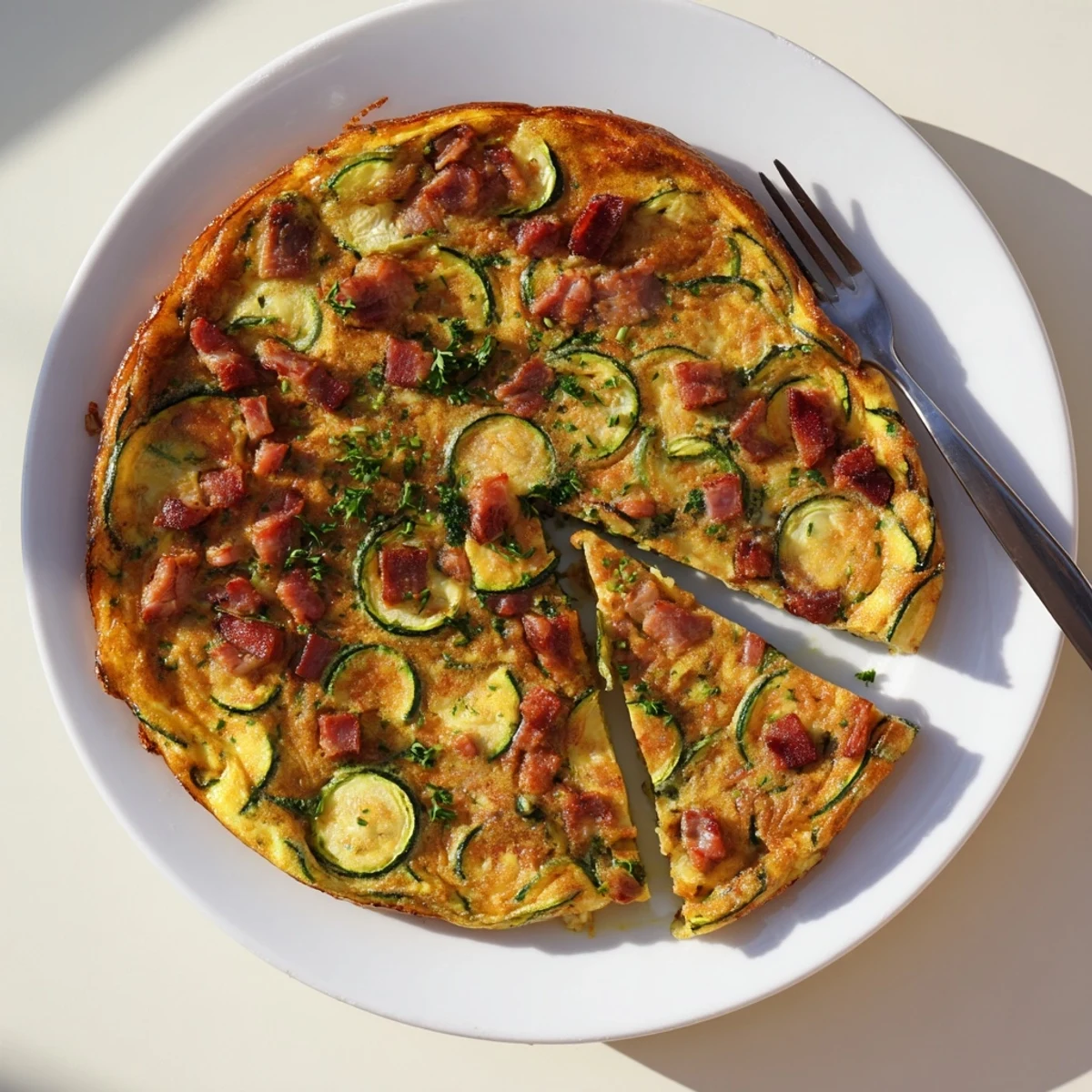 Freshly baked Zucchini Herb and Pancetta Frittata, featuring golden eggs, crisp pancetta, and tender zucchini slices served warm.