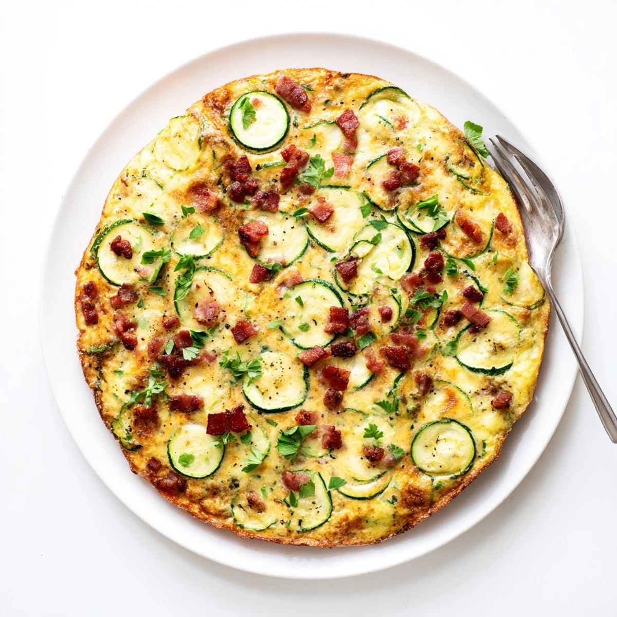Slice of Zucchini Herb and Pancetta Frittata on a white plate, with herbs, onions, and Parmesan cheese ready to eat.