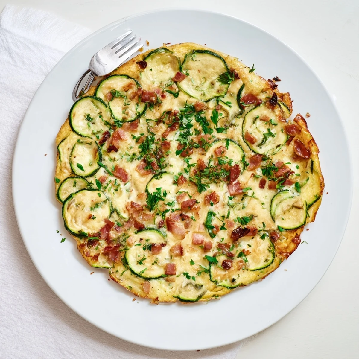 Steaming Zucchini Herb and Pancetta Frittata cut into wedges, showcasing fluffy eggs, savory meat, and bright green herbs.