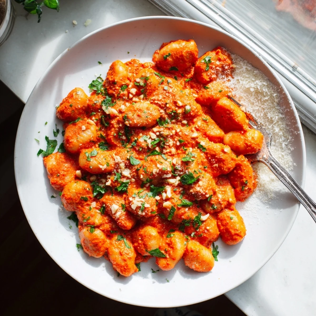 Golden-brown gnocchi with Quick Romesco Sauce, garnished with parsley and Manchego cheese in a rustic white bowl.