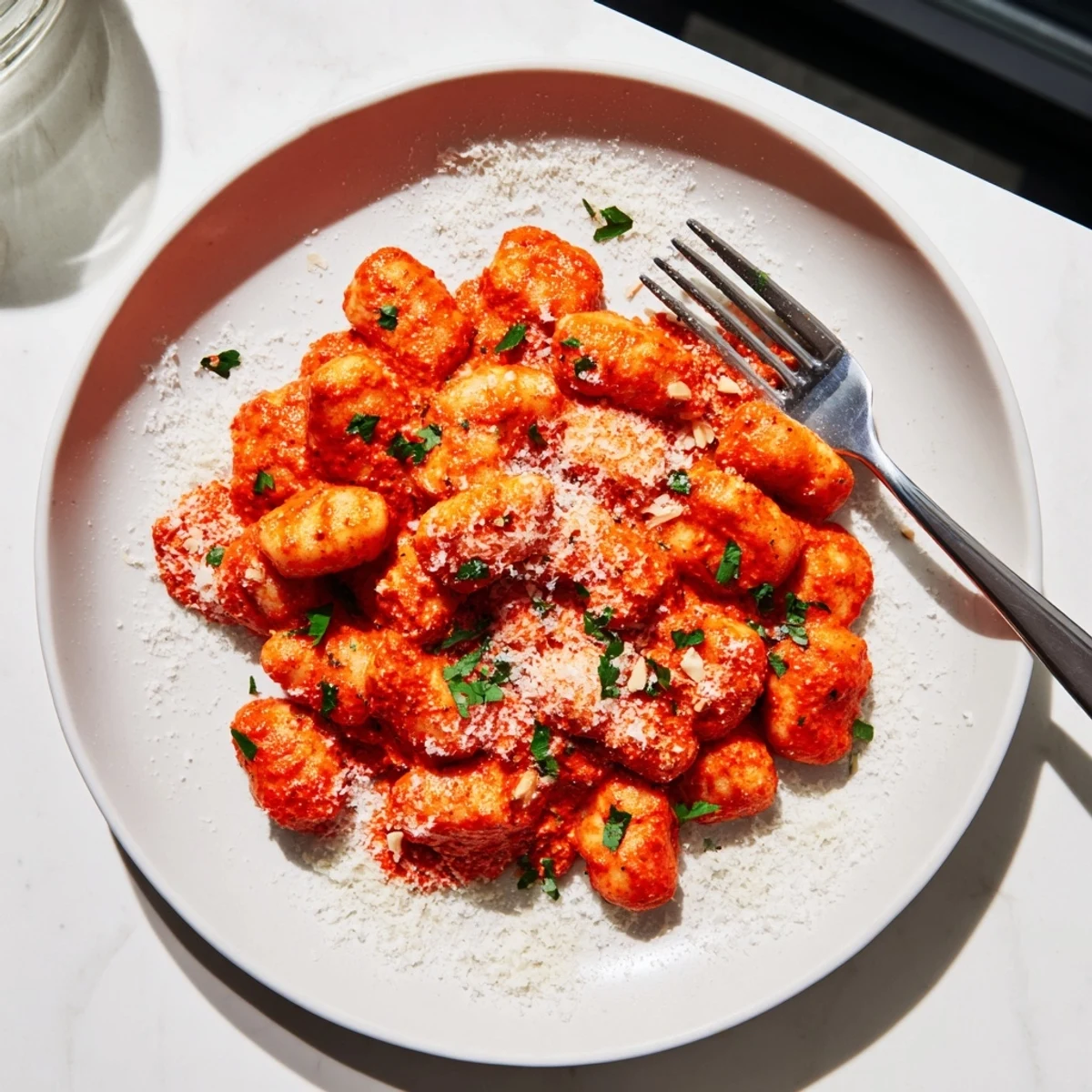 Plate of pillowy gnocchi tossed in smoky-sweet Romesco sauce, served hot with toasted almonds and parsley.