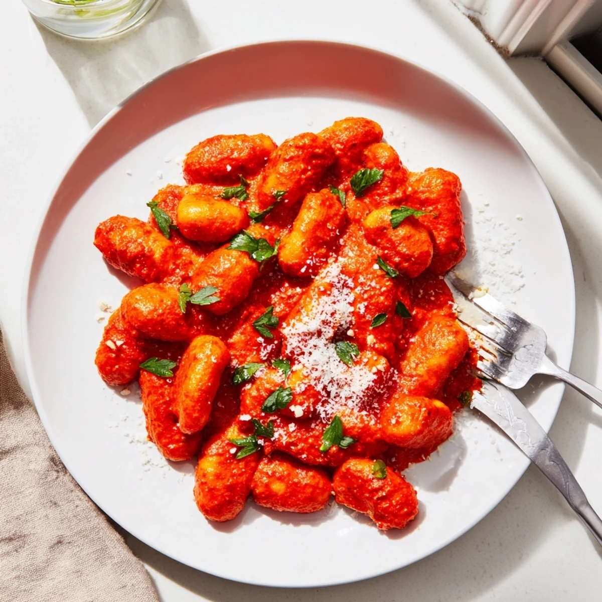 Close-up of Gnocchi With Quick Romesco Sauce, highlighting its vibrant red sauce and tender dumplings for weeknights.
