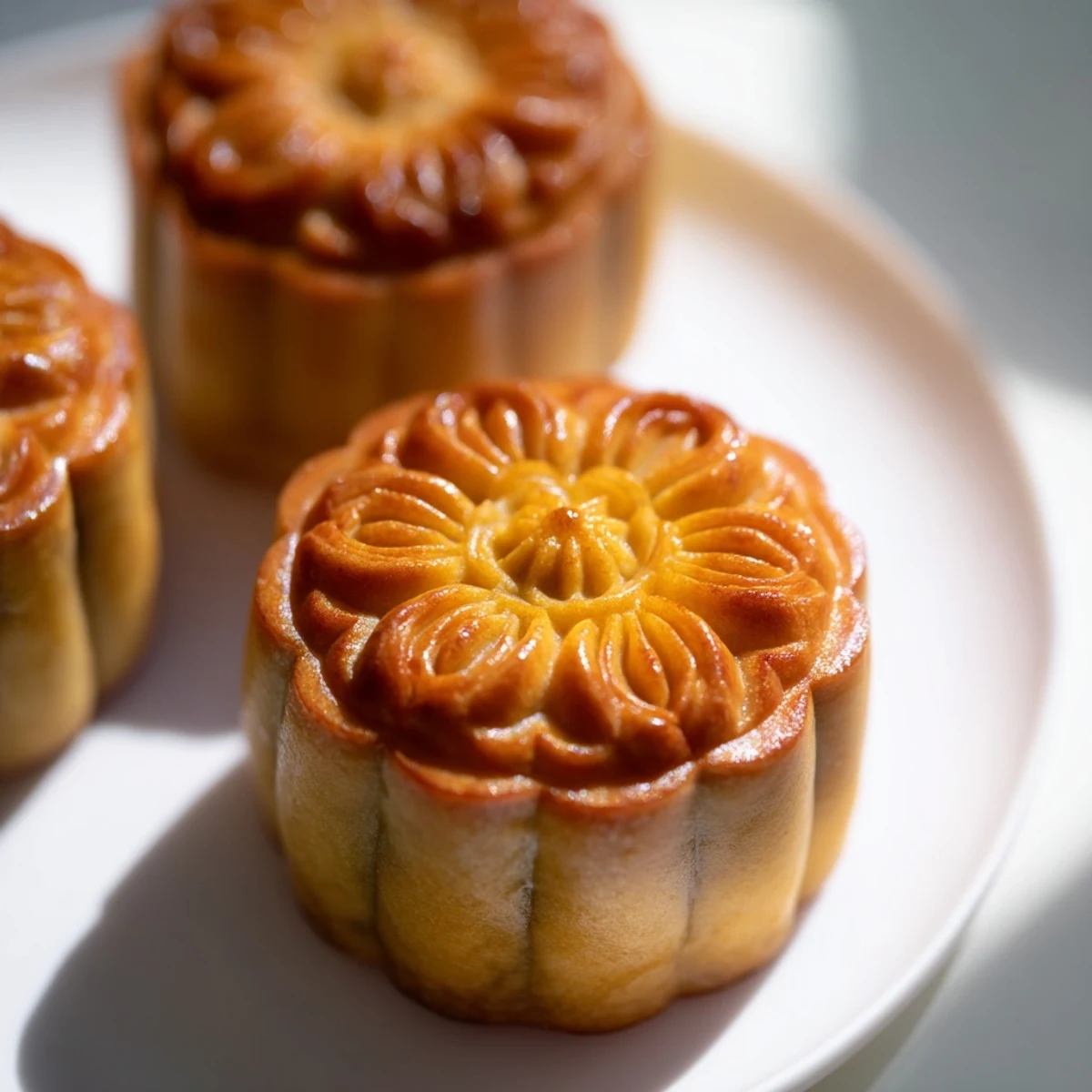 A close-up of a freshly baked mooncake on a plate, showing a golden-brown, imprinted pattern with a subtle sheen from the egg wash.
