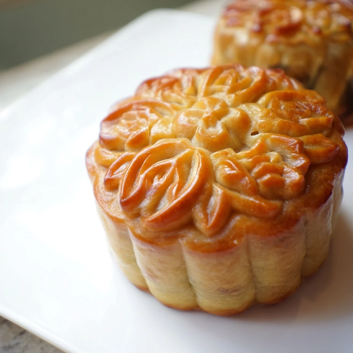 A rustic wooden table scene with a freshly baked mooncake beside a cup of hot tea, celebrating the Mid-Autumn Festival.
