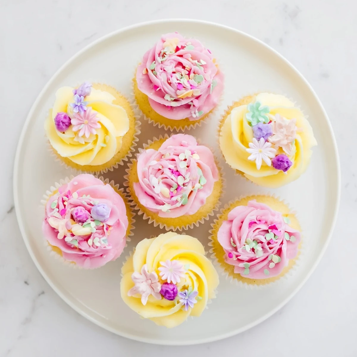 Softly lit image of Baby In Bloom Cupcakes featuring pink buttercream roses and edible violets beside a cup of herbal tea.