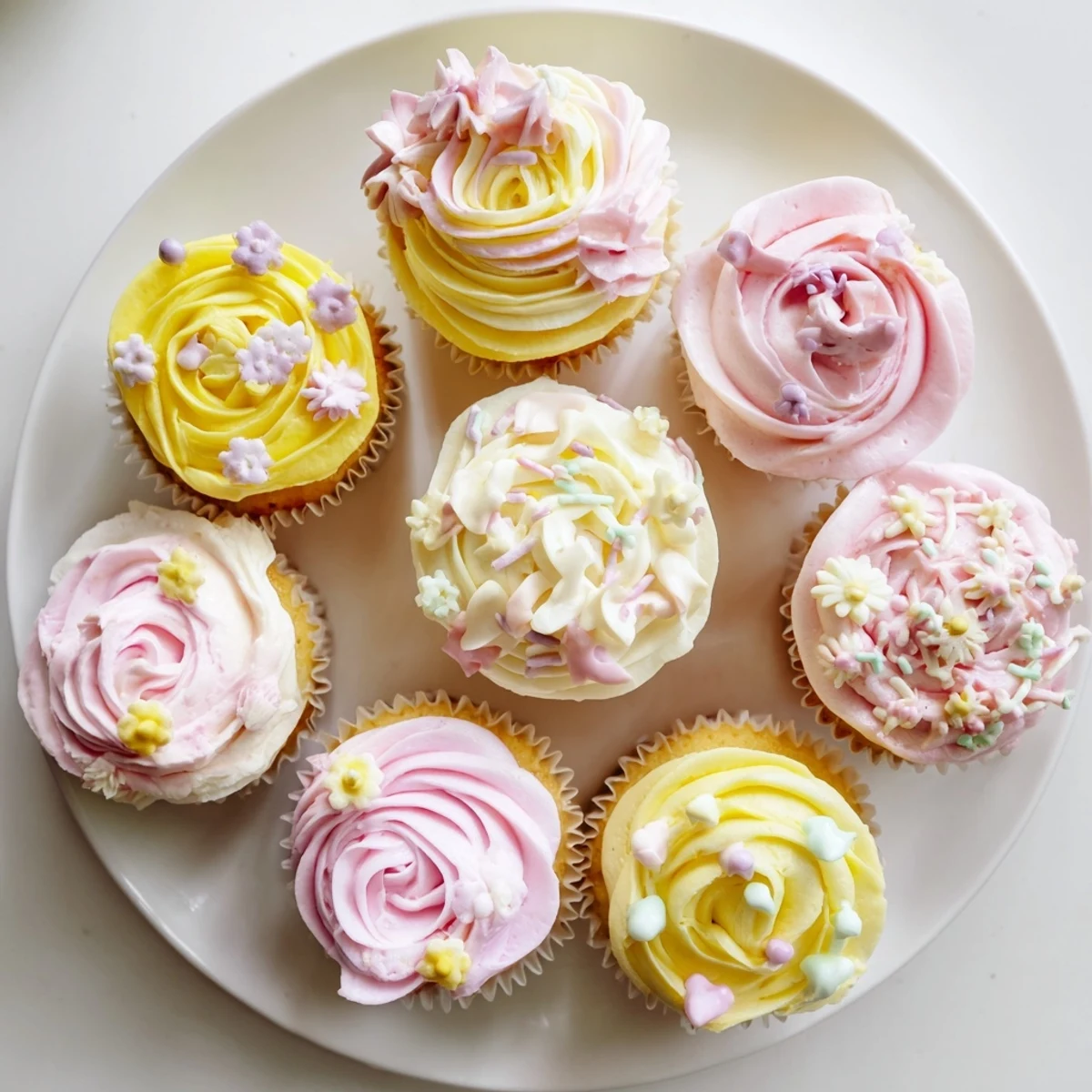 Close-up of a vanilla Baby In Bloom Cupcake with luscious buttercream blossoms and green leaves, perfect for spring celebrations.