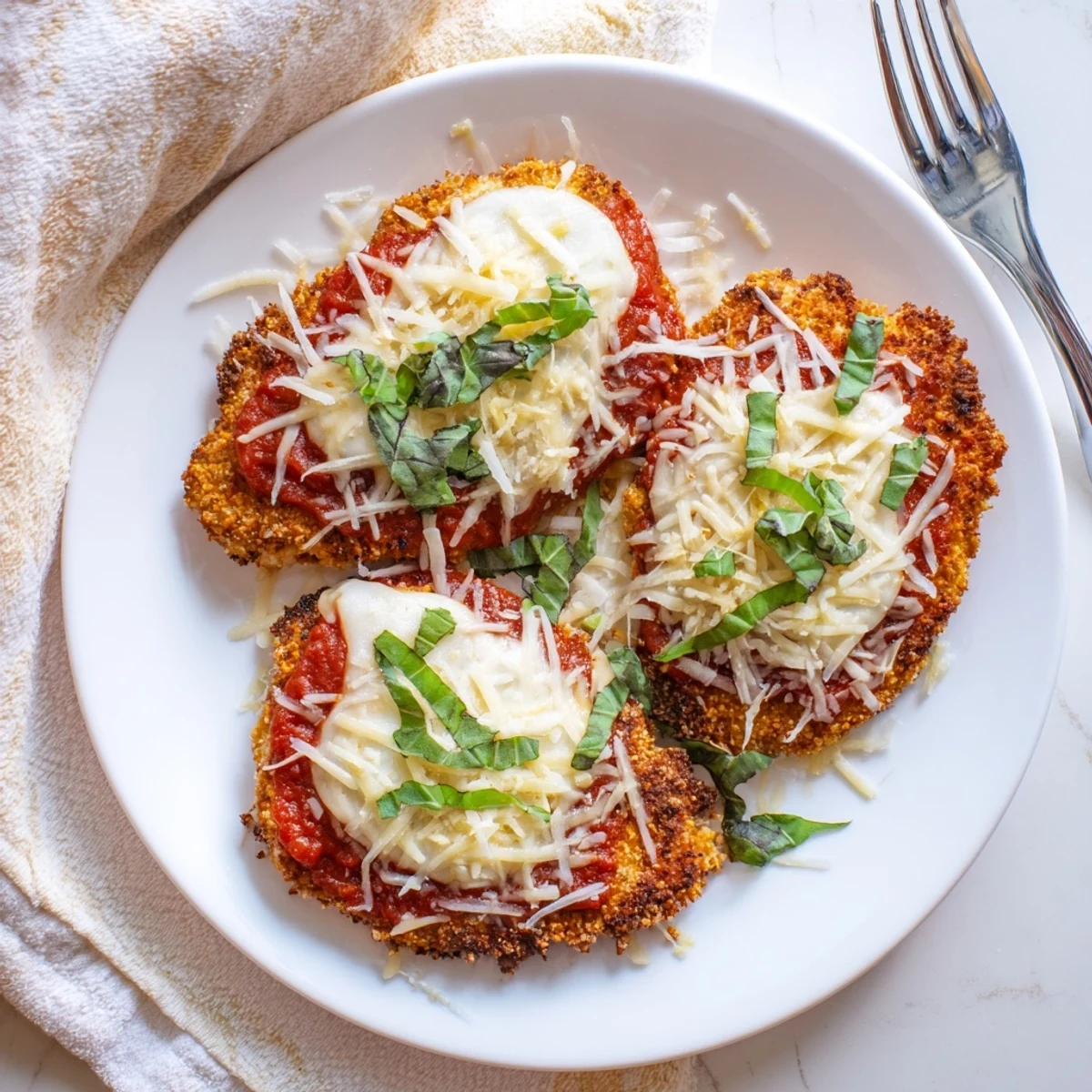 Golden, crispy Keto Chicken Parmesan fresh from the oven, topped with bubbling mozzarella and rich marinara sauce.