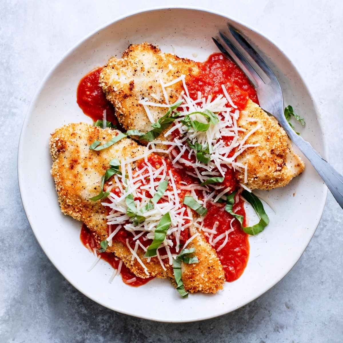 Tender chicken breasts coated in a flavorful keto crust, served hot on a rustic plate with fresh basil.
