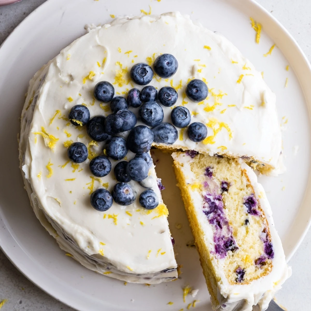 Moist Lemon Blueberry Cake with Cream Cheese Frosting on a white plate, juicy berries visible in golden crumb.  