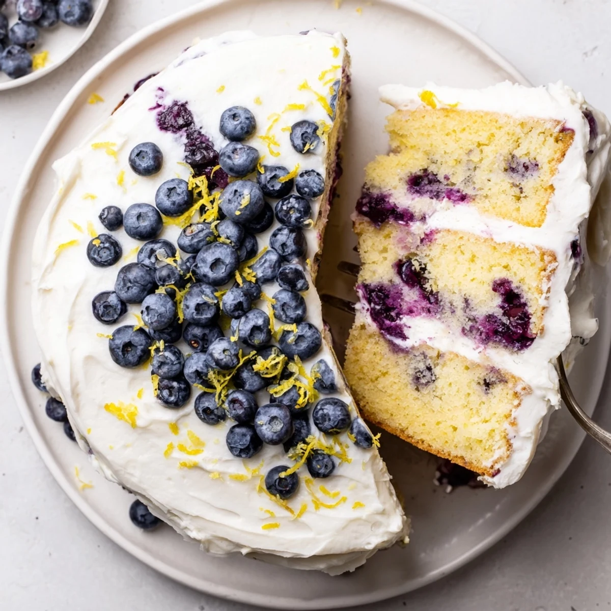 A slice of Lemon Blueberry Cake with Cream Cheese Frosting paired with iced tea on a spring table.
