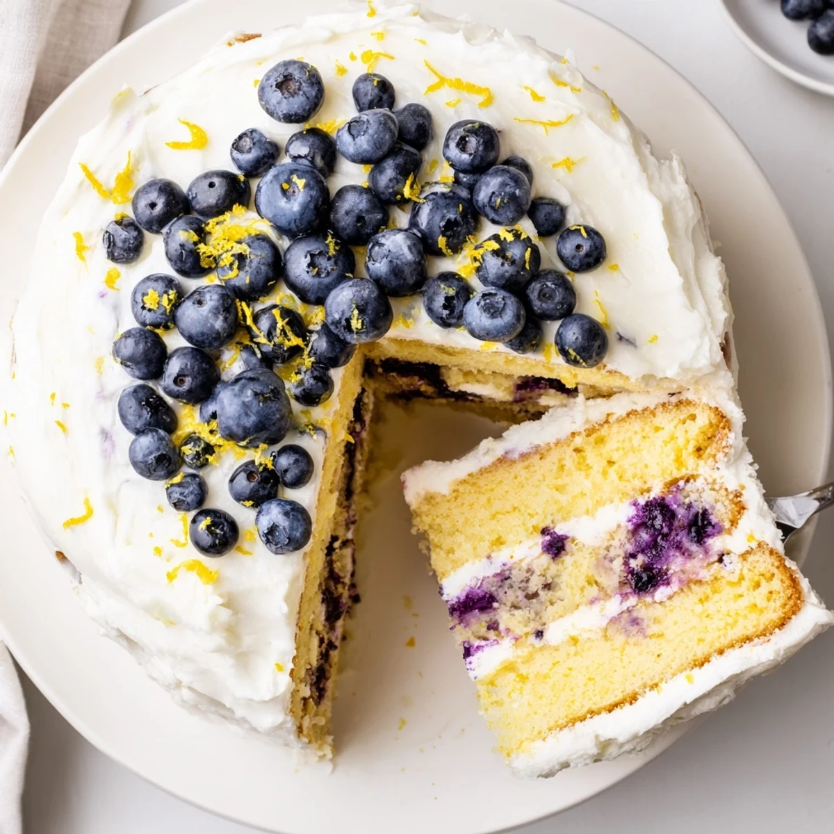 Freshly sliced Lemon Blueberry Cake with Cream Cheese Frosting showing tender layers and bright citrus zest garnish.  