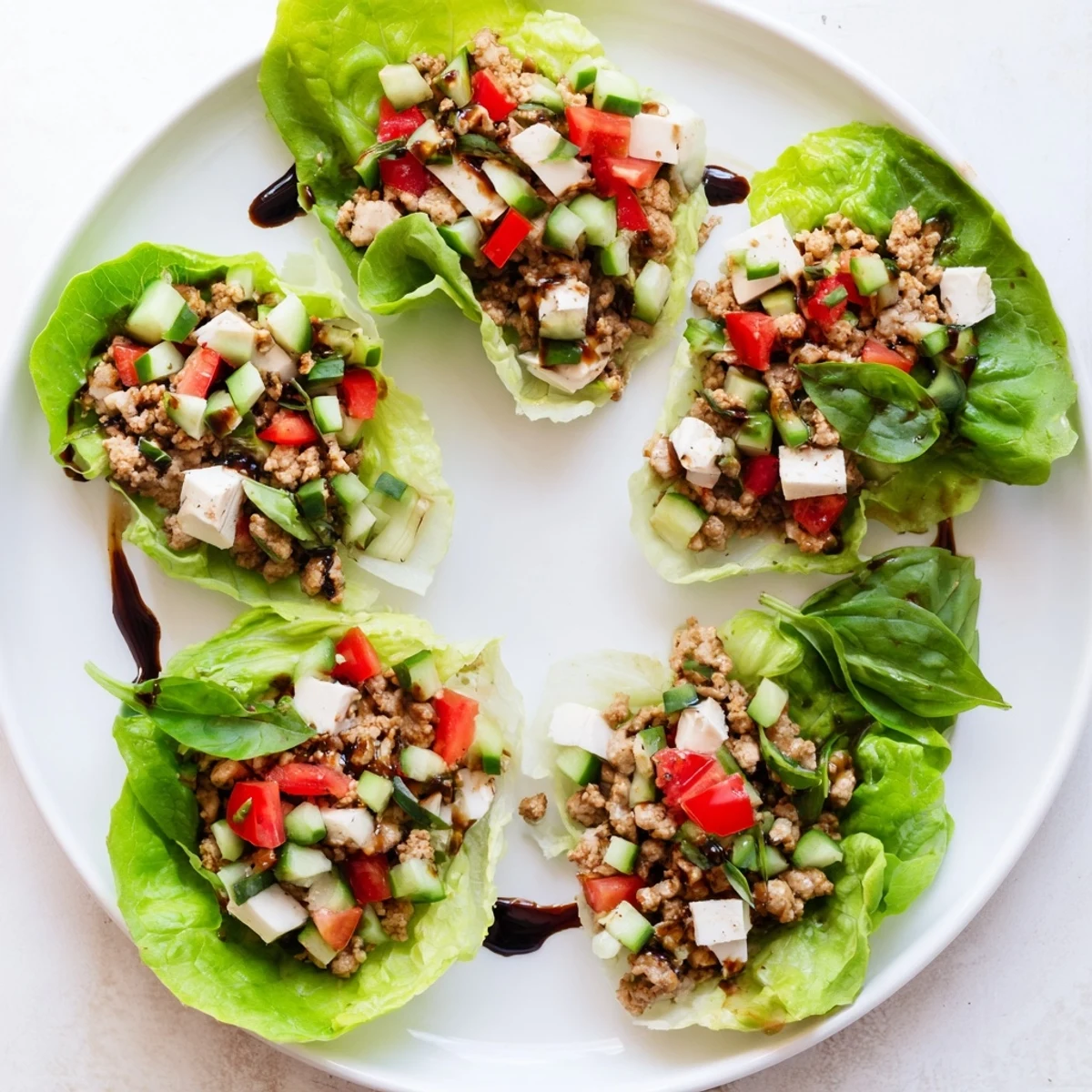 A platter of Italian Lettuce Wraps shows juicy tomatoes and crunchy bell peppers topped with balsamic glaze.