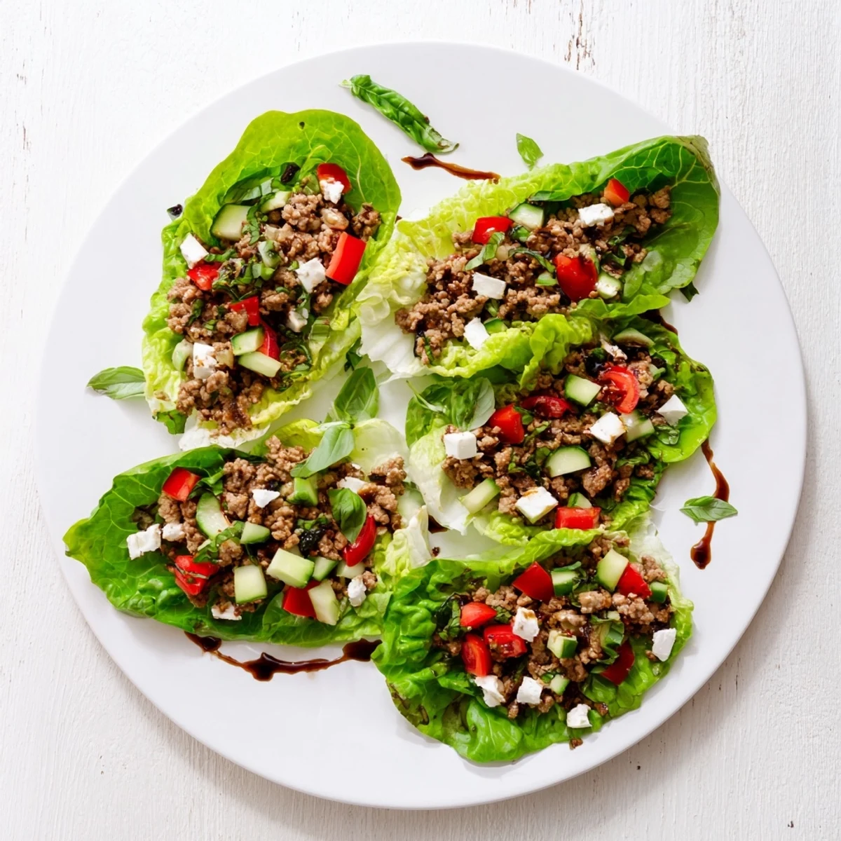 Close up of Italian Lettuce Wraps garnished with fresh basil leaves and a grind of black pepper on a serving dish.