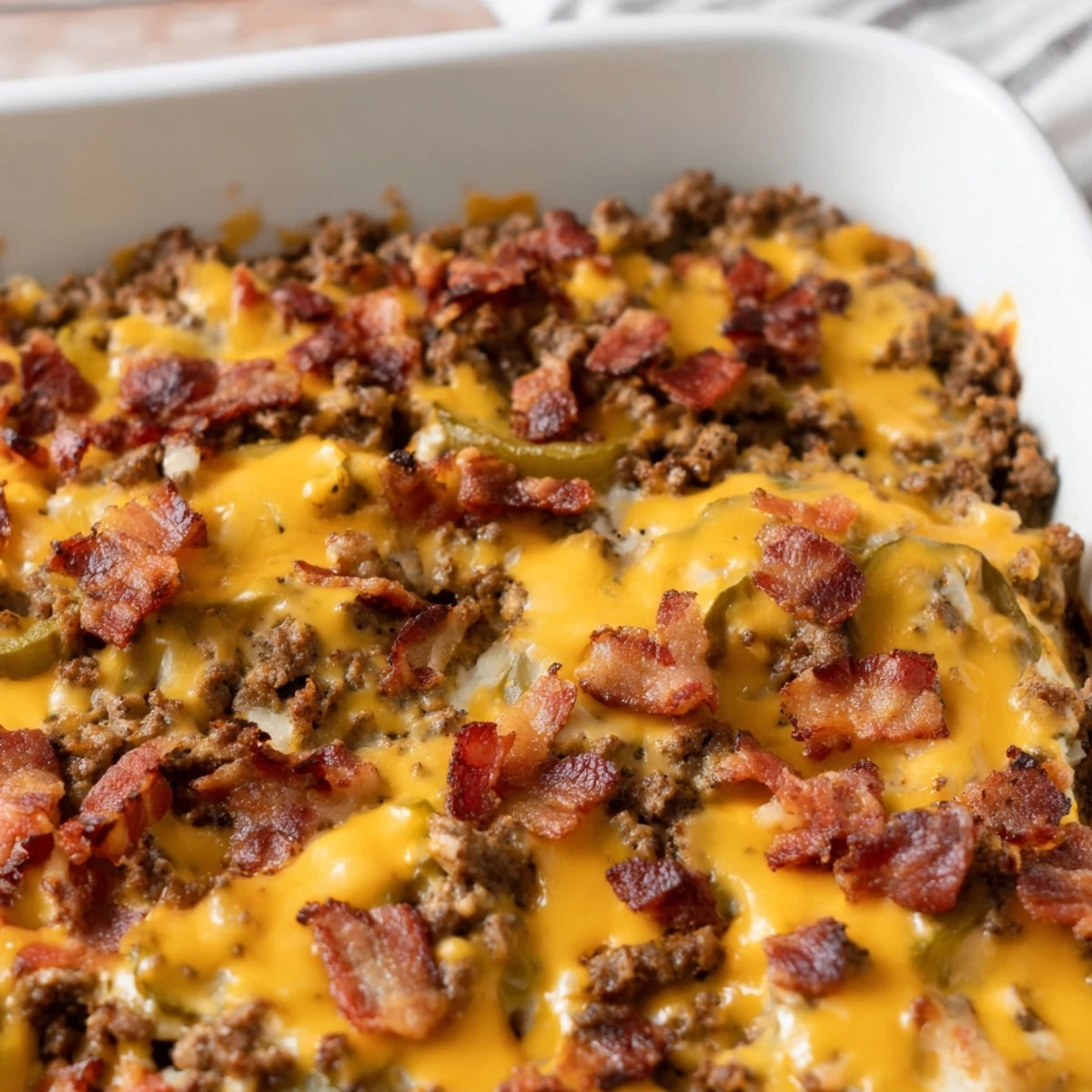 Golden, bubbly cheddar tops the Low Carb Bacon Cheeseburger Casserole fresh from the oven.  