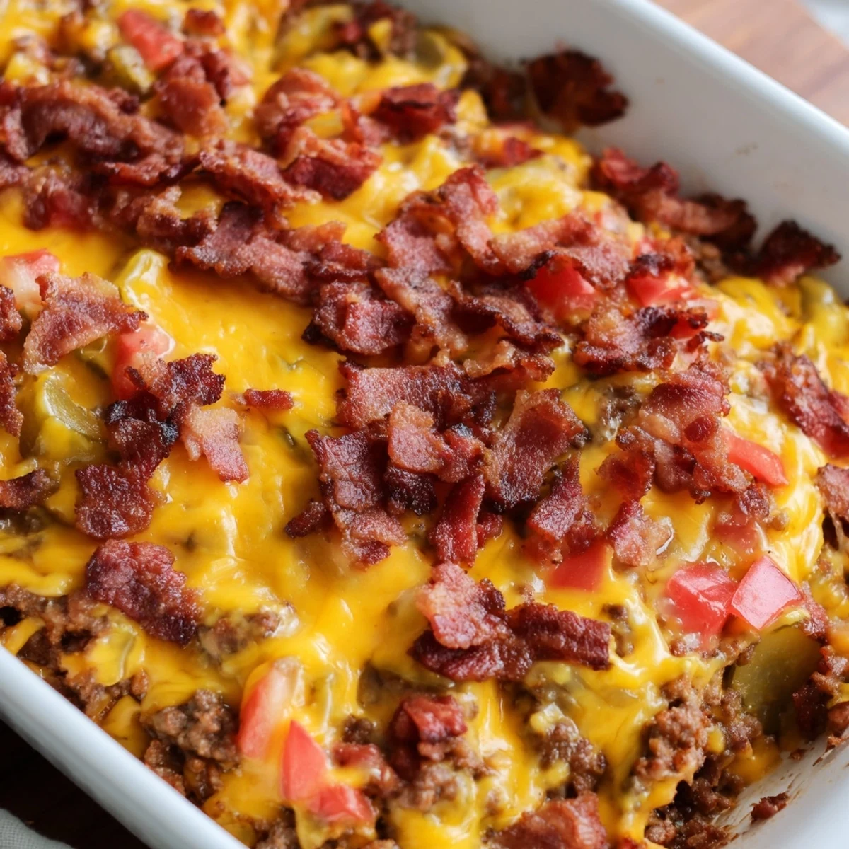 A hearty slice of Low Carb Bacon Cheeseburger Casserole served beside a fresh side salad.