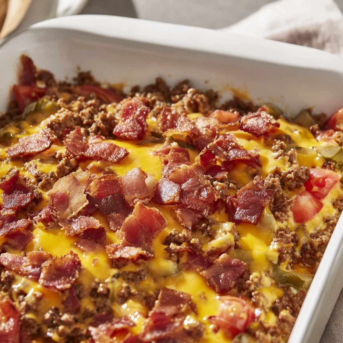 Low Carb Bacon Cheeseburger Casserole garnished with green onions and pickles on a rustic plate.  