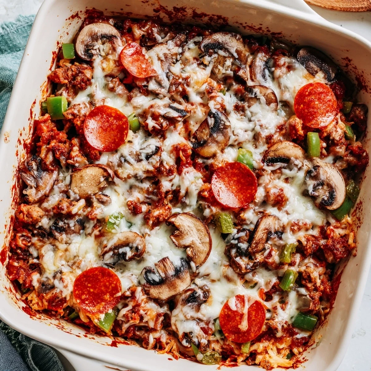 A close-up of Easy Low Carb Keto Crustless Pizza Casserole with a rich tomato sauce and savory Italian sausage filling.