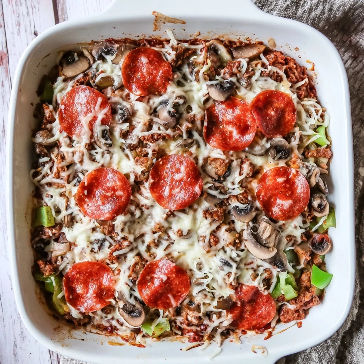Golden-brown, bubbly Easy Low Carb Keto Crustless Pizza Casserole fresh from the oven, topped with melted mozzarella and pepperoni slices.