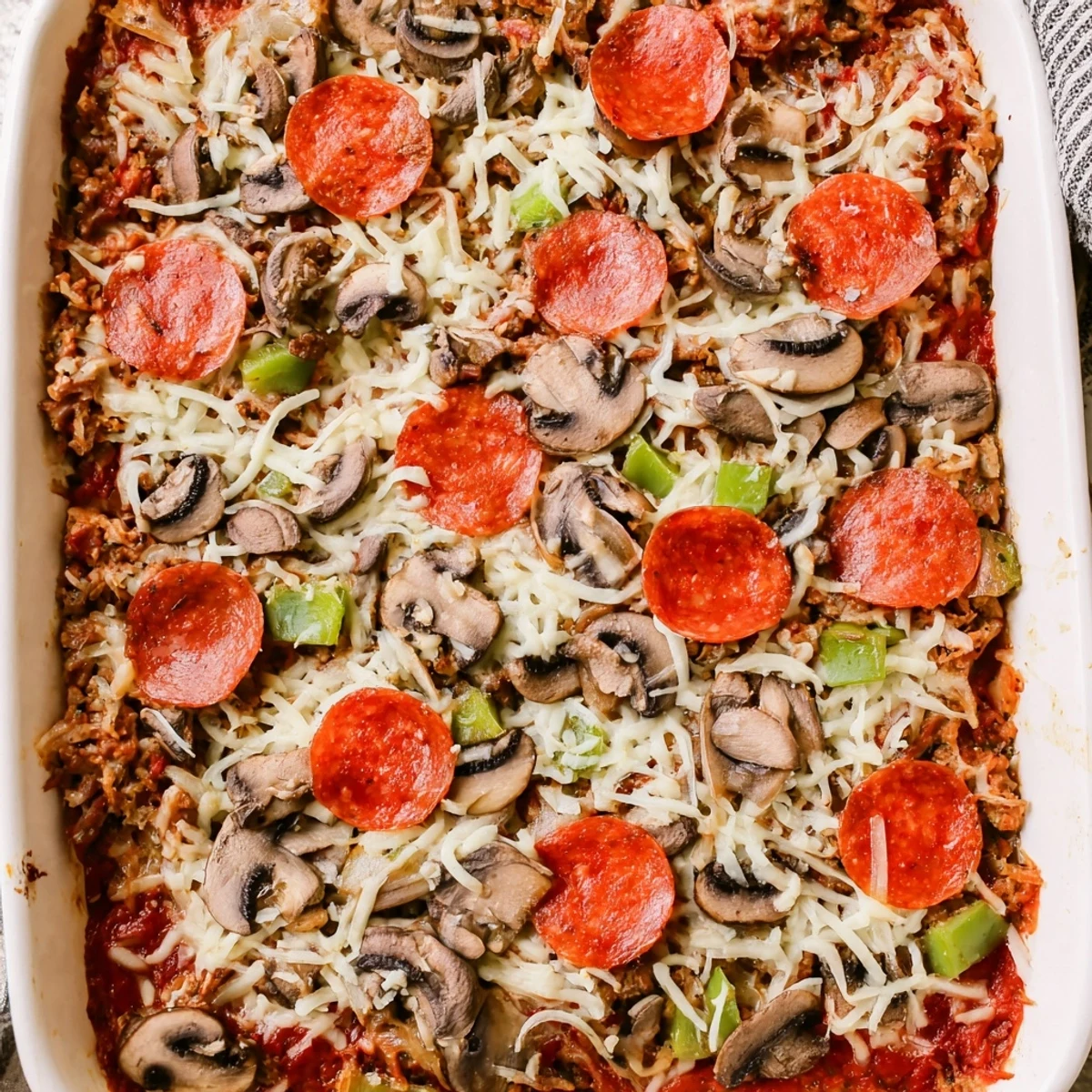 Serving suggestion for Easy Low Carb Keto Crustless Pizza Casserole on a white plate, perfect for a weeknight family dinner.