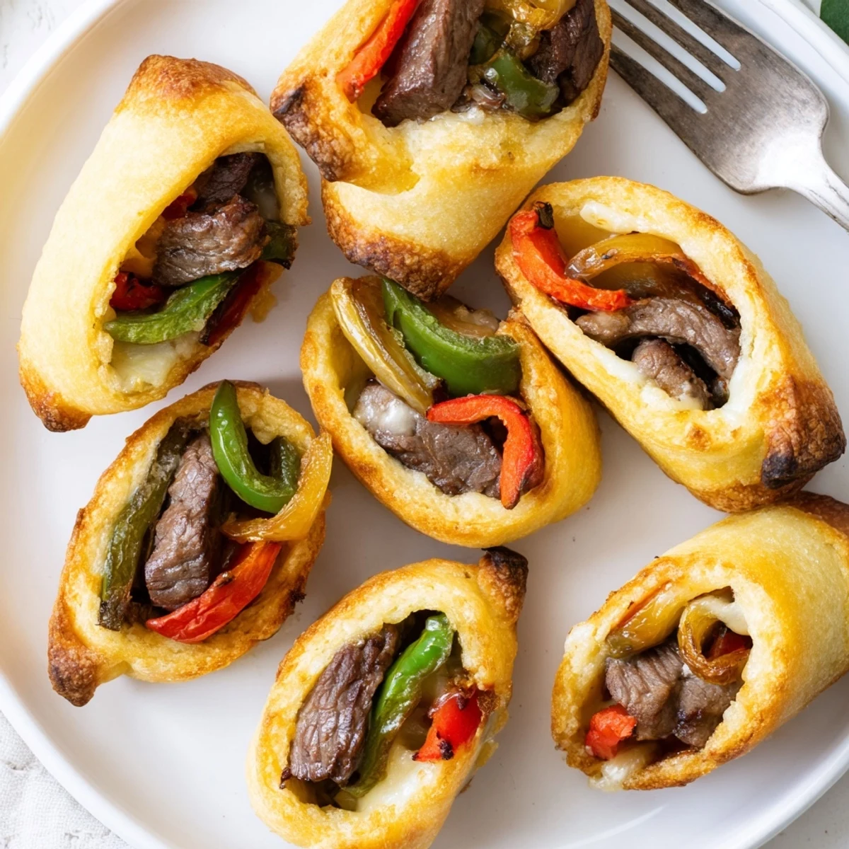 Golden-brown Ultimate Keto Philly Cheesesteak Rolls fresh from the oven, filled with tender steak and melted provolone.