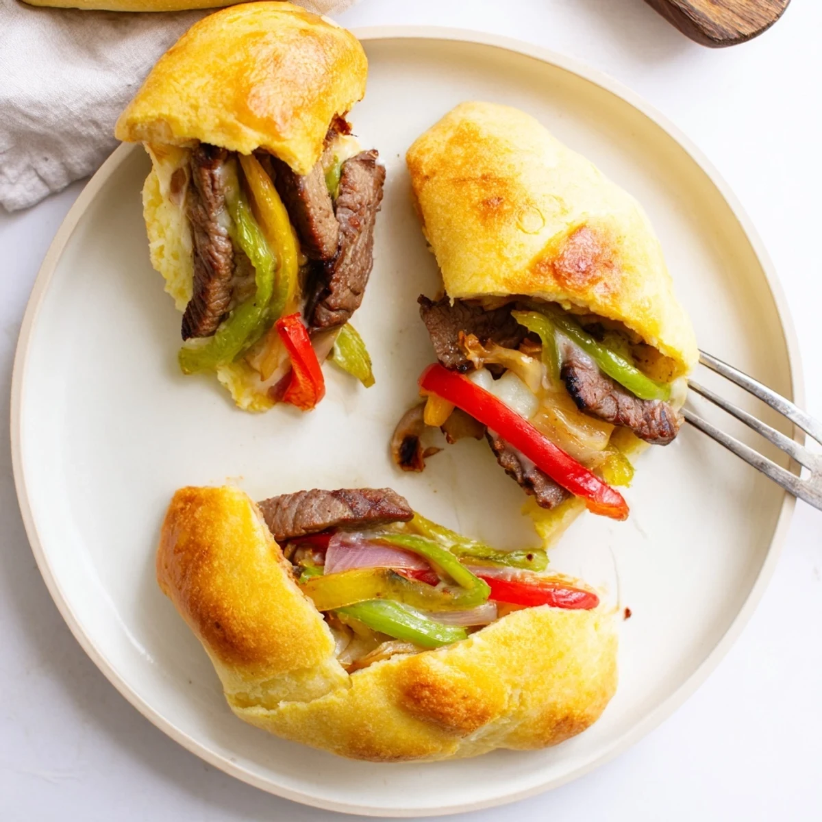 A close-up view of sliced Ultimate Keto Philly Cheesesteak Rolls revealing juicy peppers and onions inside.