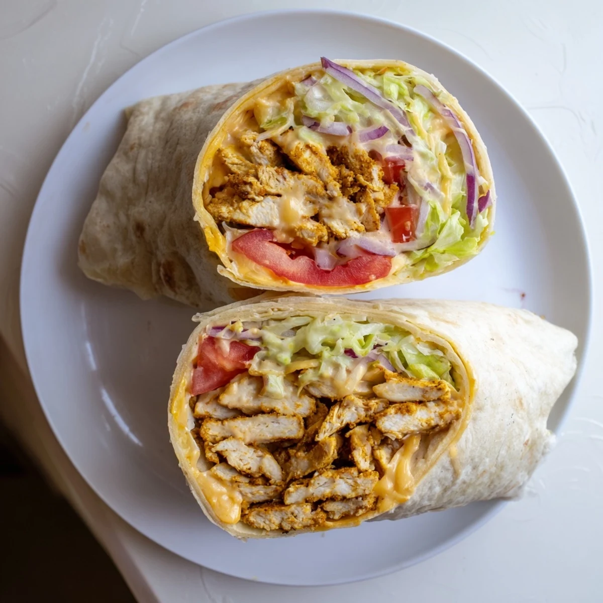 Golden brown chicken strips with garlic and melted mozzarella and cheddar cheese wrapped in a soft flour tortilla, topped with fresh lettuce, tomato, and red onion.