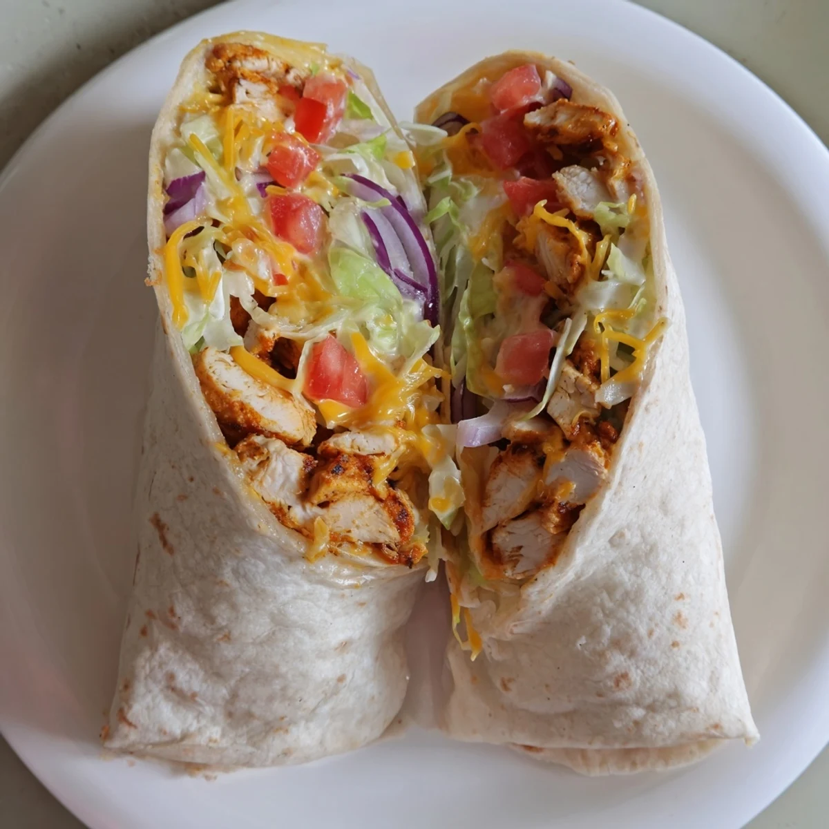 Freshly prepared Cheesy Garlic Chicken Wraps sliced in half on a plate, revealing juicy chicken and gooey cheese inside, with a creamy garlic sauce drizzled on top.