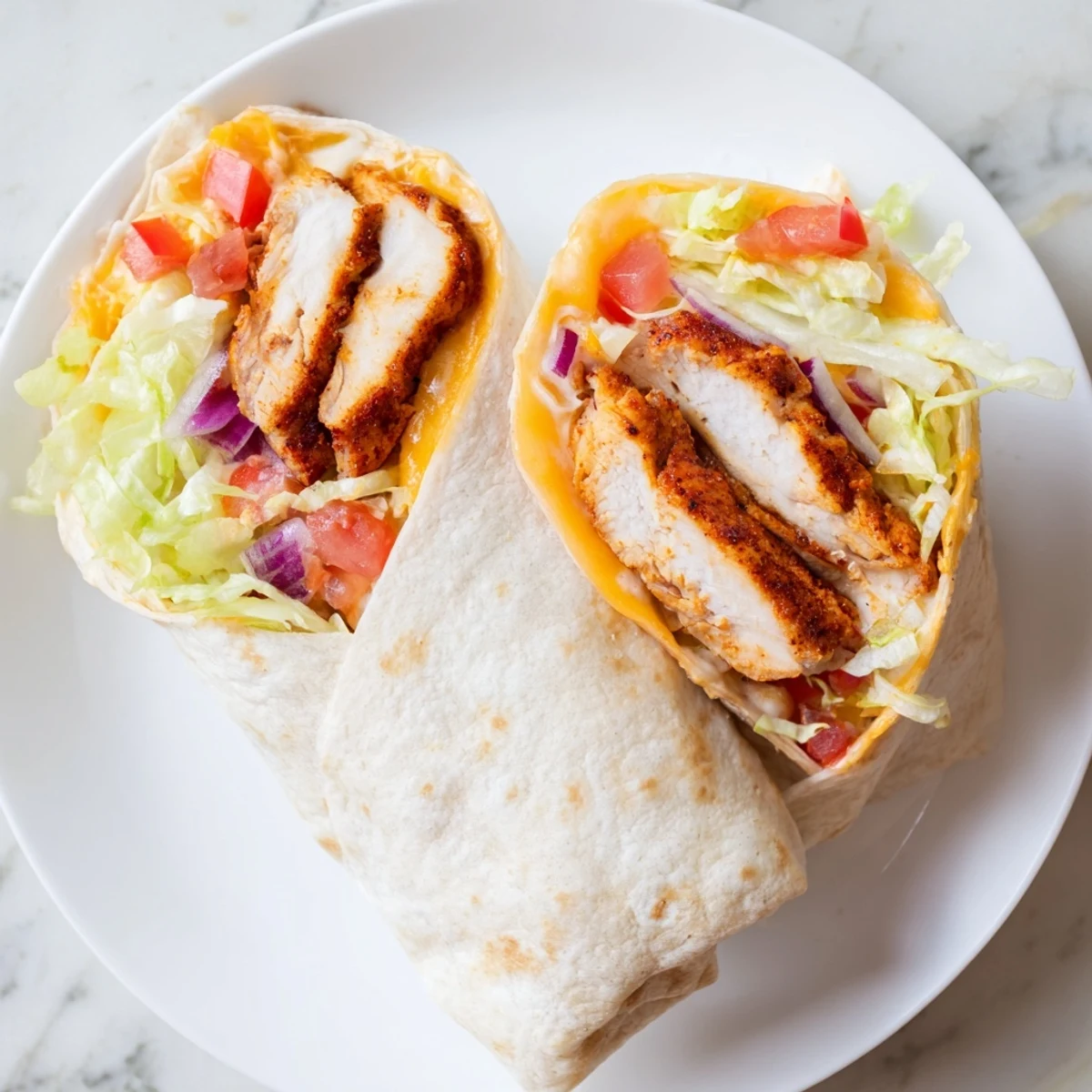 A close-up view of a Cheesy Garlic Chicken Wrap held in hand, steam rising from the warm tortilla, with vibrant lettuce and diced tomato visible inside.