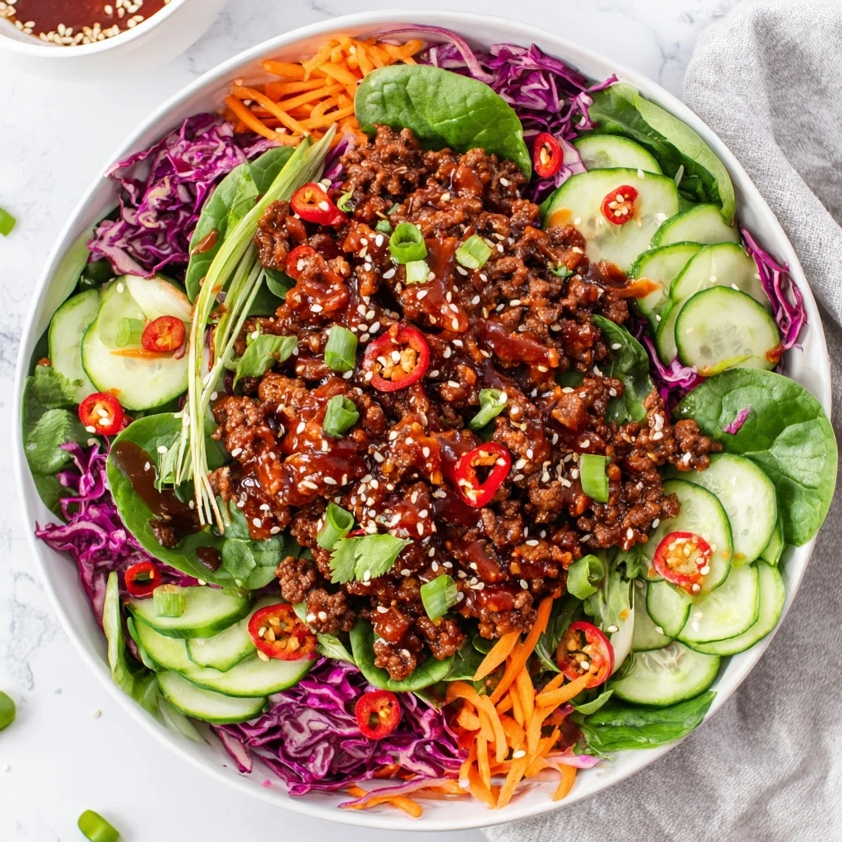 Top-down view of Satisfy Your Cravings Spicy Keto Korean Ground Beef Salad with hot ground beef, crisp lettuce, and bright sesame seeds on a rustic wooden table.