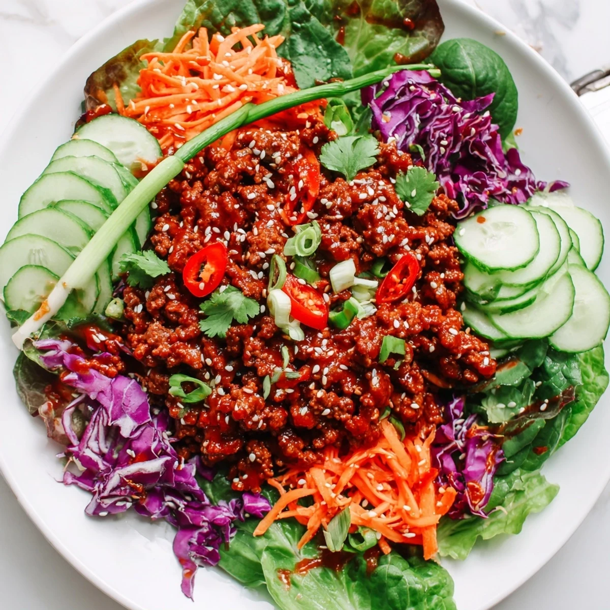 A close-up of Satisfy Your Cravings Spicy Keto Korean Ground Beef Salad featuring juicy ground beef, crunchy cucumbers, and red cabbage drizzled with sesame dressing.