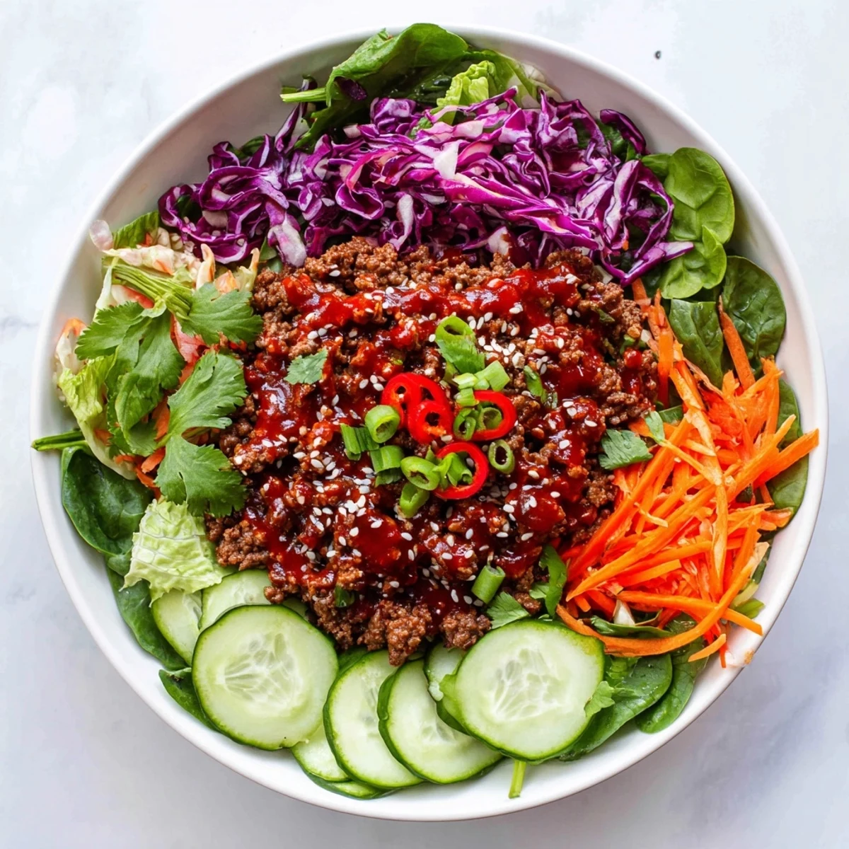 Satisfy Your Cravings Spicy Keto Korean Ground Beef Salad served in a white bowl, garnished with green onions and cilantro, perfect for a healthy dinner.