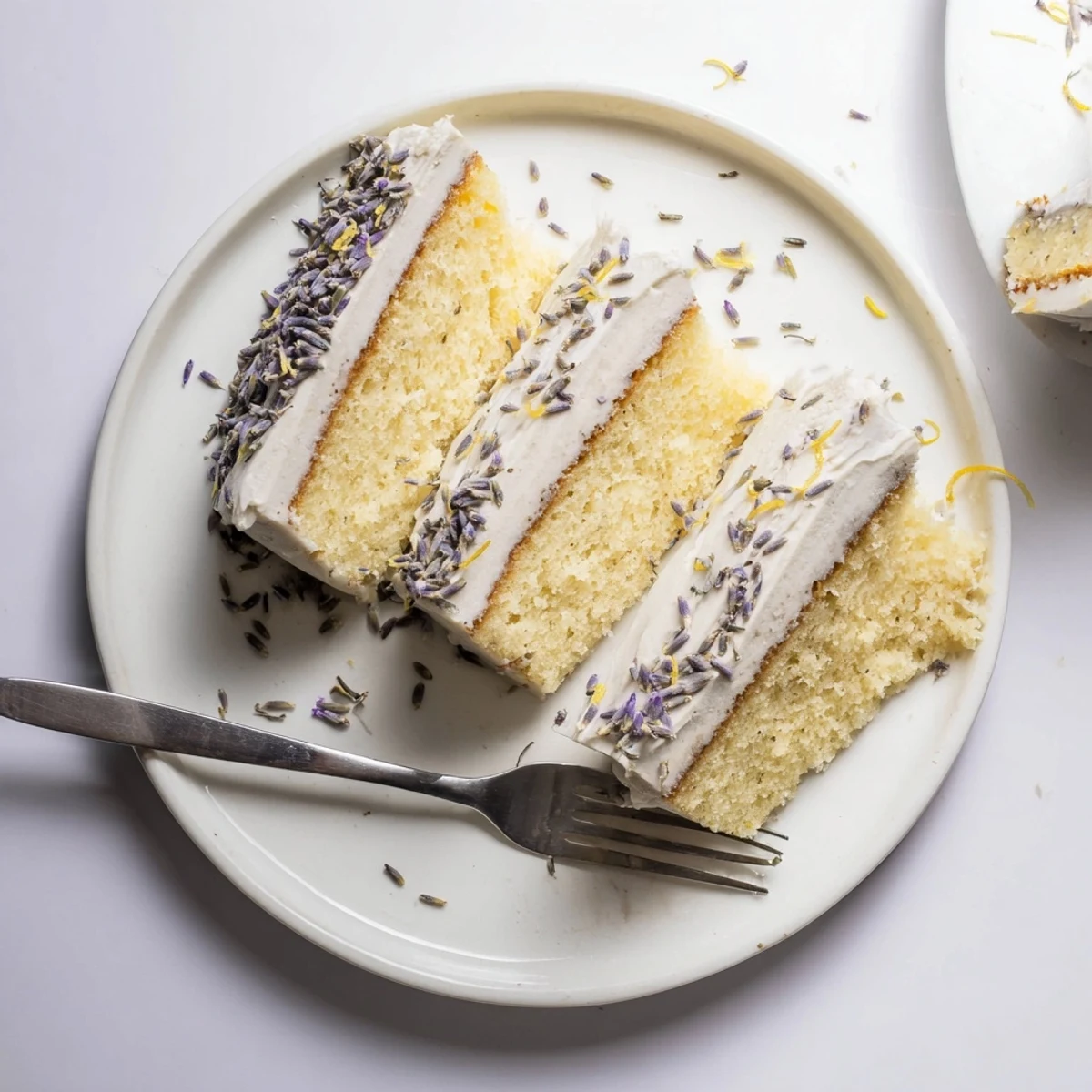 London Fog Cake with Earl Grey & Lavender is beautifully frosted and decorated with dried lavender buds and bright lemon zest.