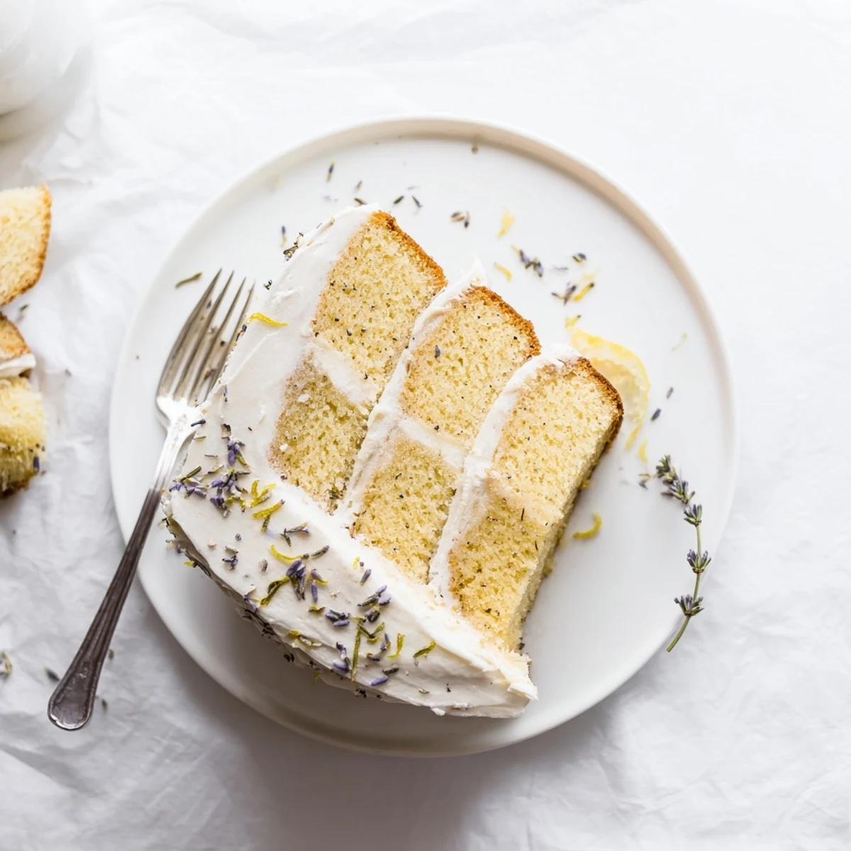 Close-up of London Fog Cake with Earl Grey & Lavender, showing soft crumb and smooth vanilla bean frosting on a serving plate.