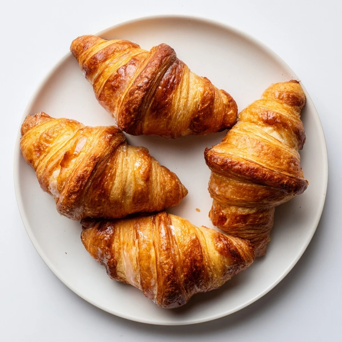 Warm, freshly baked Gluten-Free Croissants with golden, flaky layers sit beside a cup of coffee and a jar of jam on a rustic wooden table.