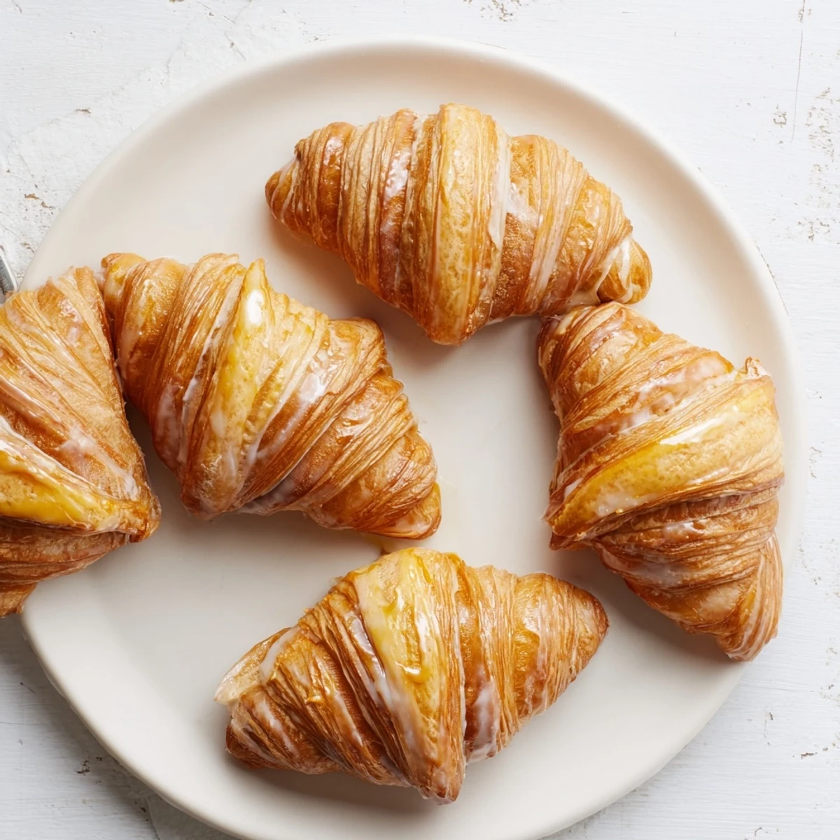 Golden-brown Gluten-Free Croissants are arranged on a white plate, ready to be served with honey for a sweet breakfast treat.