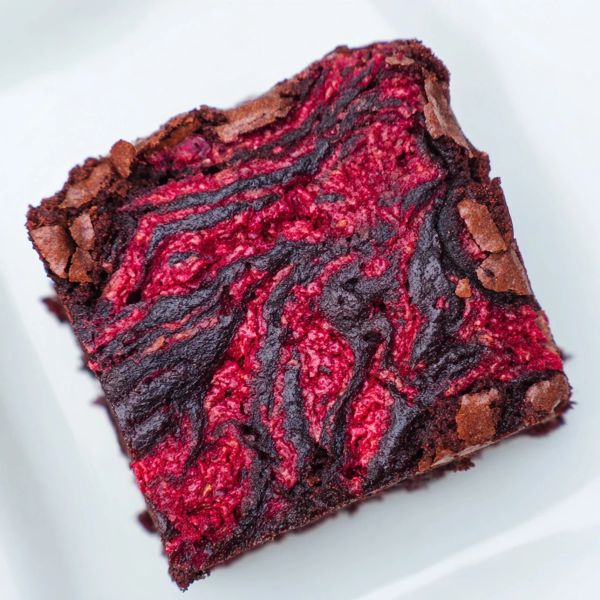 Sliced Raspberry Swirl Brownies on a white plate, with a glass of milk and fresh raspberries nearby.