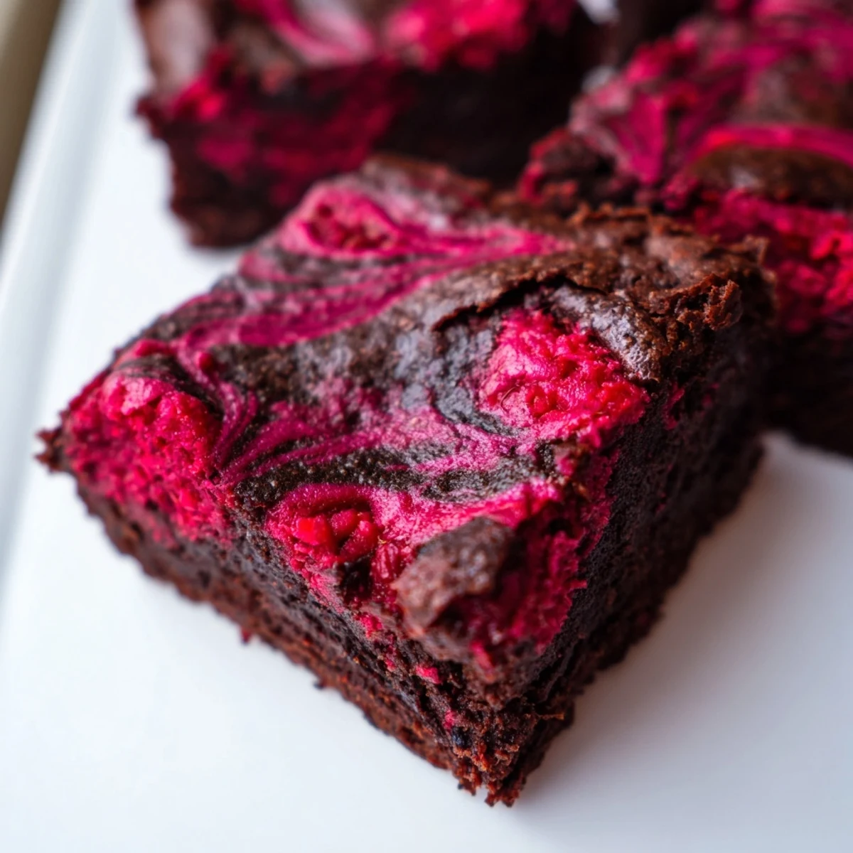 A close-up of Raspberry Swirl Brownies with fudgy chocolate and vibrant red raspberry puree marbling.