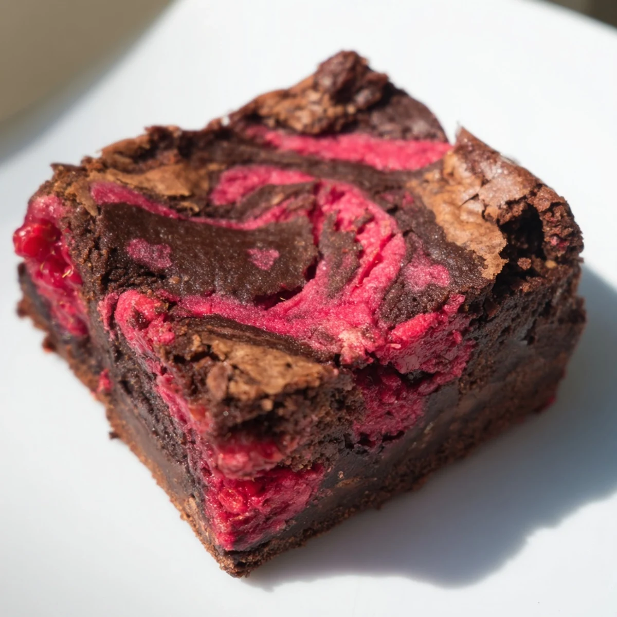 Freshly baked Raspberry Swirl Brownies in a pan, showing the rich cocoa texture and tangy raspberry swirls.