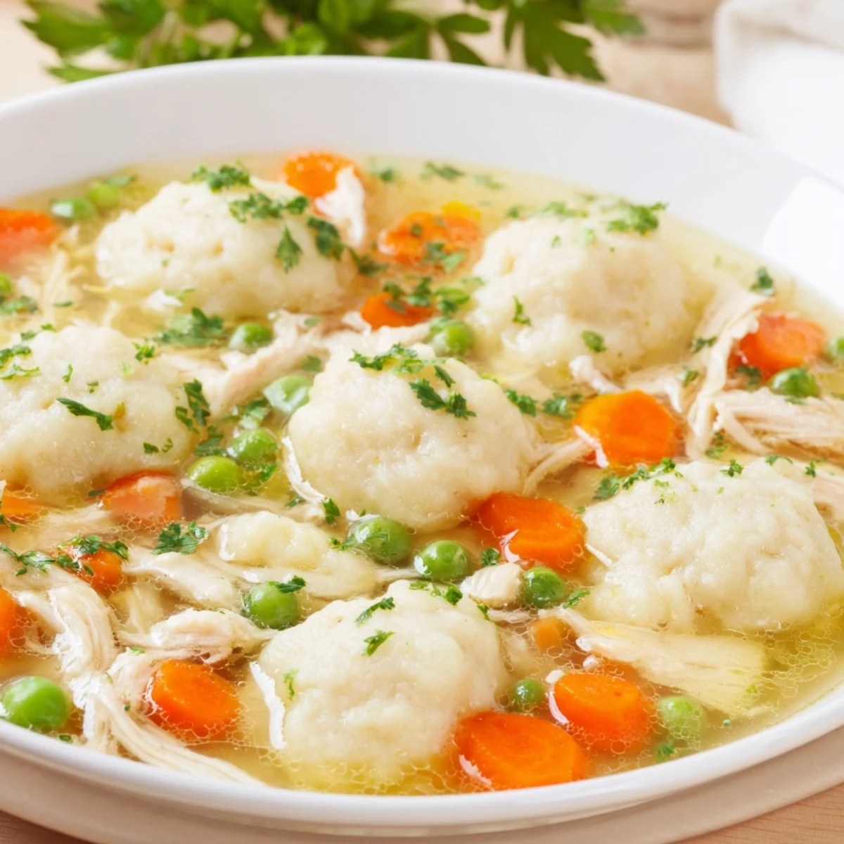 Spoonful of One Pot Chicken Dumpling Soup showing vegetables, shredded chicken, and steamed dumplings ready to serve.  