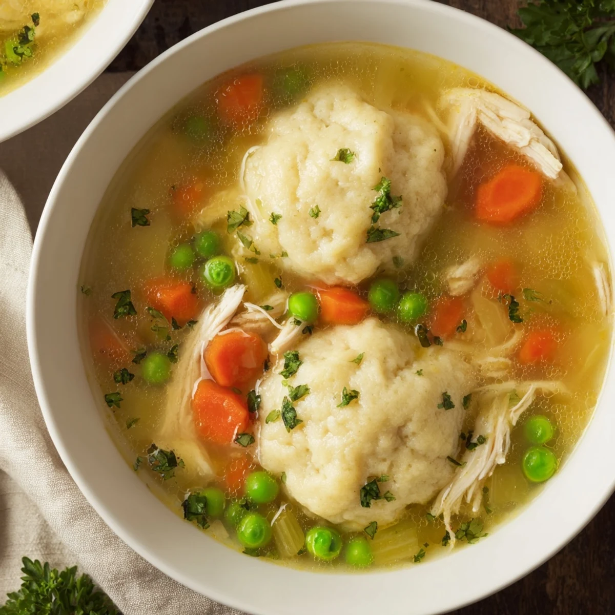 A warm bowl of One Pot Chicken Dumpling Soup with fluffy dumplings and tender chicken in rich broth.  