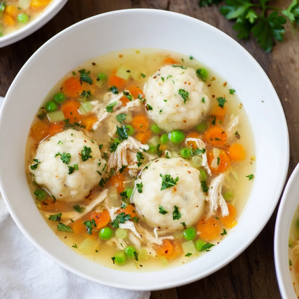 Close-up of One Pot Chicken Dumpling Soup in a rustic pot, garnished with fresh parsley and peas.