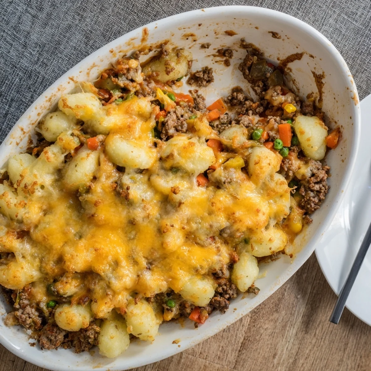 Golden, bubbly cheddar and Parmesan cheese melts over hearty gnocchi, ground beef, and peas in this comforting Quick Gnocchi Shepherds Pie casserole.
