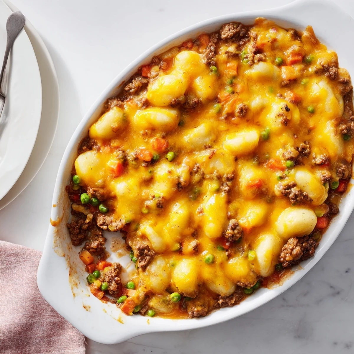 Serve this Easy Quick Gnocchi Shepherds Pie hot from the oven, garnished with fresh thyme and paired with a crisp green salad.
