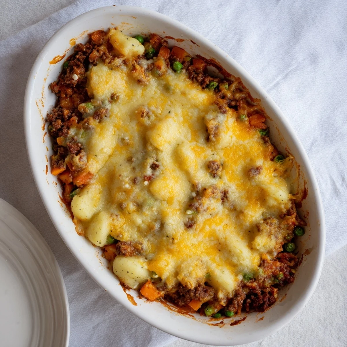 A close-up of the delicious Quick Gnocchi Shepherds Pie reveals savory meat filling and pillowy gnocchi topped with melted cheese.