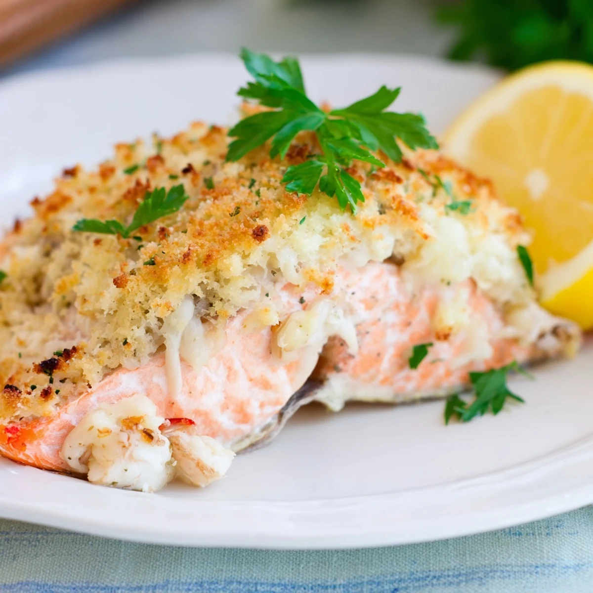 Perfectly baked Crab & Shrimp Stuffed Salmon fillet with golden Parmesan topping on a white plate, garnished with fresh parsley.
