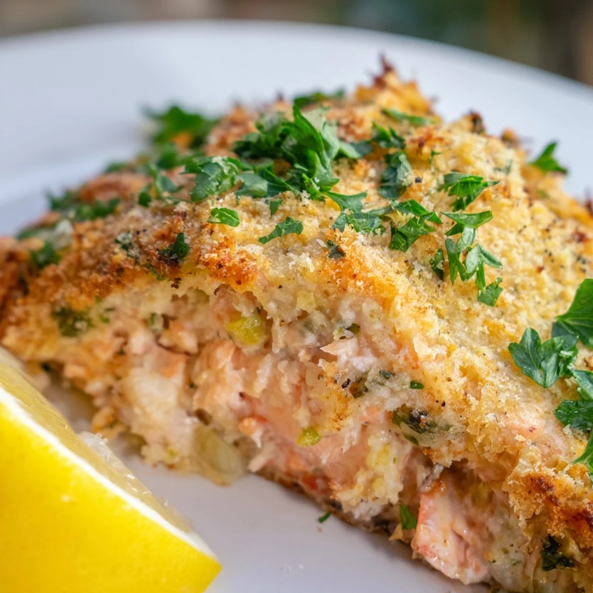Crab & Shrimp Stuffed Salmon served alongside roasted asparagus and lemon wedges on a rustic wooden table for a special dinner.