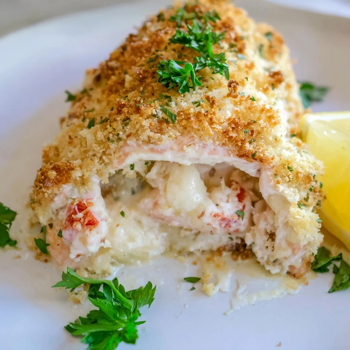 A close-up of Crab & Shrimp Stuffed Salmon reveals a creamy, savory filling of crab and shrimp nestled inside flaky pink fish.