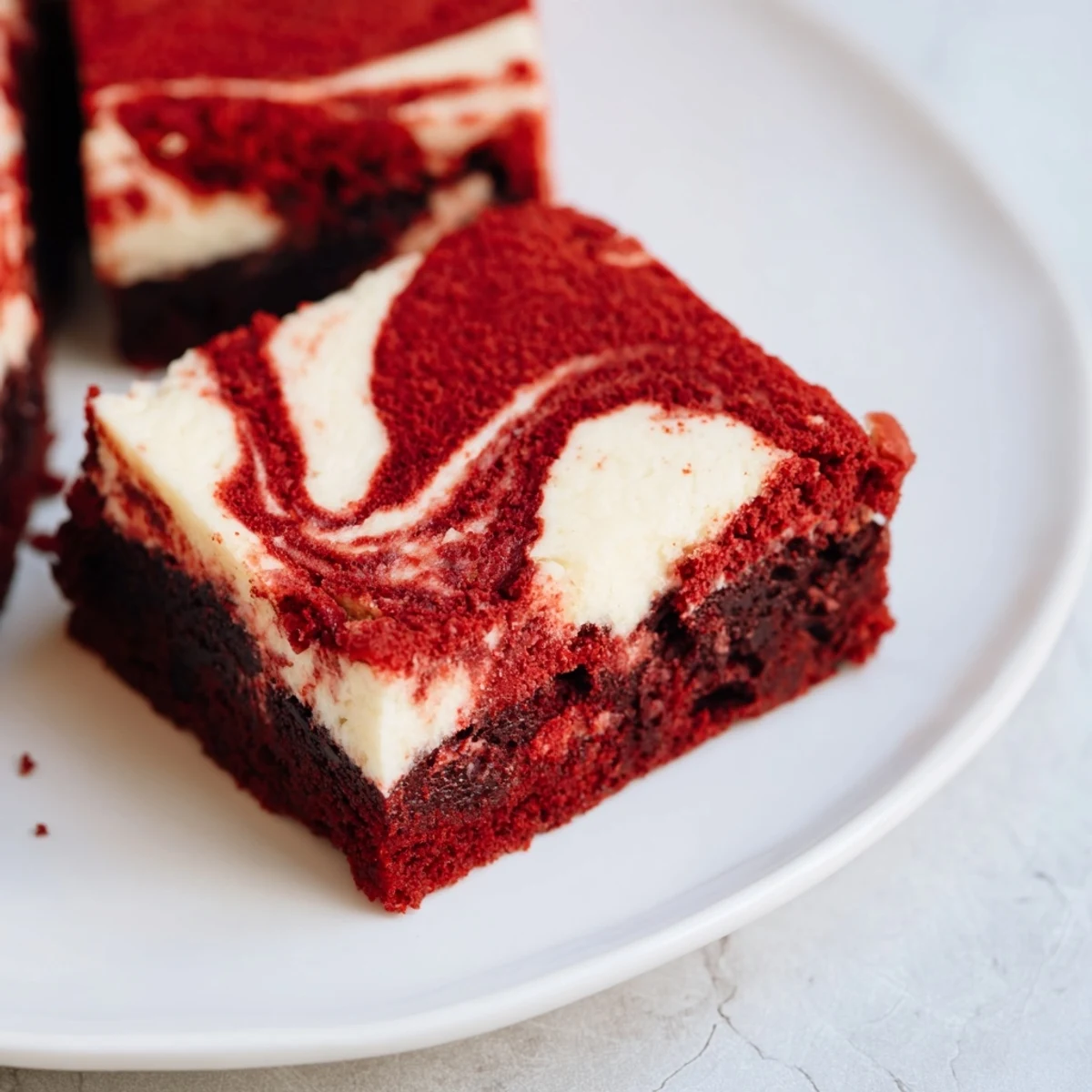 Fudgy Red Velvet Cheesecake Brownies with a vibrant marbled swirl and creamy texture ready to serve.
